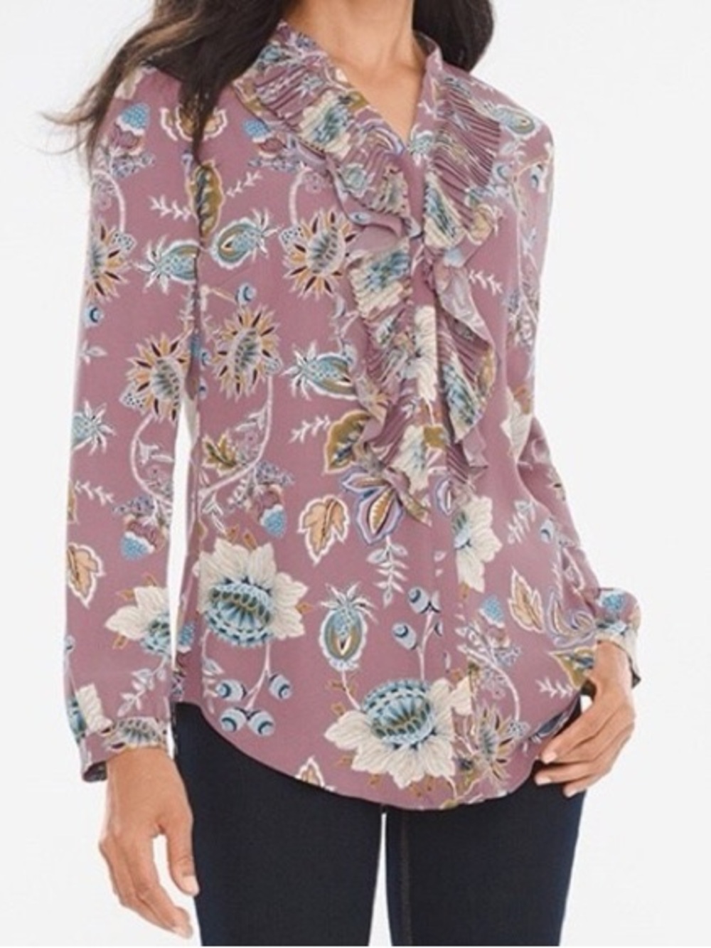 🌸 Chico’s Mauve Floral Ruffle Front Long Sleeve Blouse Size 1